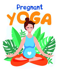 Obraz na płótnie Canvas Young beautiful pregnant woman sitting in lotus with tropical monstera leaves on the background. Pregnant Yoga. Vector illustration