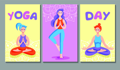 International Yoga day banner. Women doing exercises and meditation on colorful background
