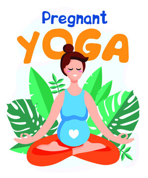Young beautiful pregnant woman sitting in lotus with tropical monstera leaves on the background. Pregnant Yoga. Vector illustration
