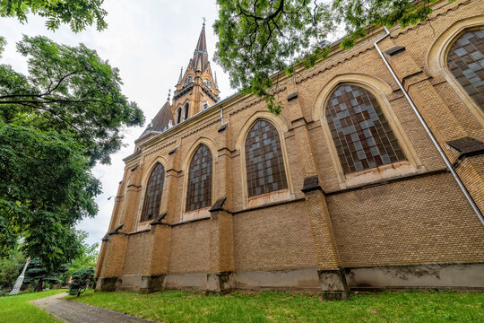 Backa Topola, Serbia - June 06, 2021: Roman Catholic Church of the Immaculate Virgin Mary in Backa Topola. It has the tallest tower in Eastern Europe 72.7m