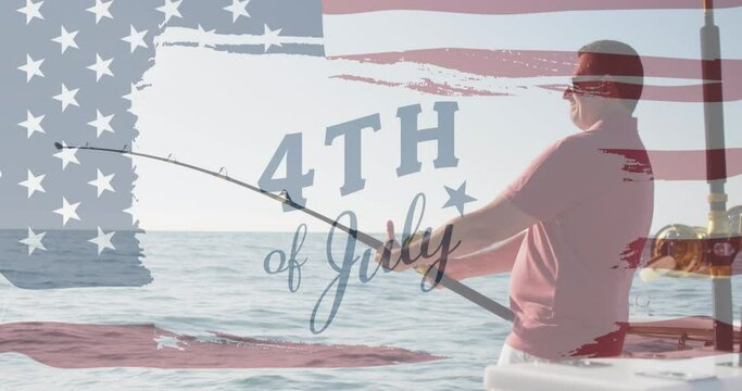 Independence text and american flag pattern design against caucasian man fishing on his boat