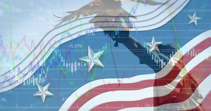 Financial data processing and american flag design pattern against eagle sitting on hand of man