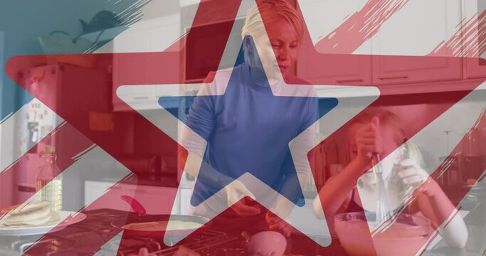 American flag design pattern and pulsating star over caucasian mother and daughter baking together