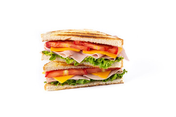 Sandwich with tomato,lettuce,ham and cheese isolated on white background.	