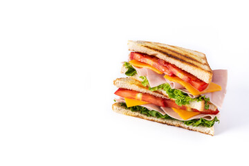 Sandwich with tomato,lettuce,ham and cheese isolated on white background.	Copy space