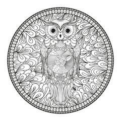 Mandala with owl. Zentangle. Hand drawn abstract patterns on isolation background. Zendala. Outline for tattoo, printing on t-shirts, posters and other. Design for spiritual relaxation for adults