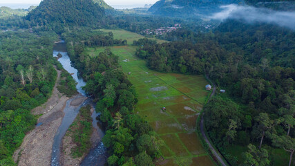 Aerial view of rice fields in the middle of tropical forest, Aceh, Indonesia.	