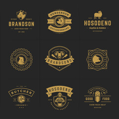 Butcher shop logos set vector illustration good for farm or restaurant badges with animals and meat silhouettes