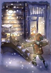 Puppy joyfully meets his boy friend. Children's cartoon illustration. The boy came home from school. The puppy greets him happily. Color blue, khaki, brown