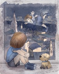 Sad kid sits on the windowsill looks out the window. Children's cartoon illustration. The tale of Carlson who lives on the roof. The kid sits on the windowsill looking out the window.