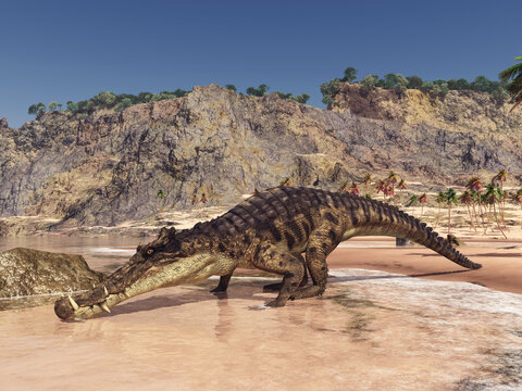 Prähistorisches Krokodil Kaprosuchus in einer Küstenlandschaft
