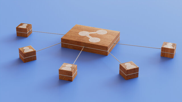Network Technology Concept with share Symbol on a Wooden Block. User Network Connections are Represented with White string. Blue background. 3D Render.