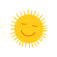 Cute Smiling Sun Icon Vector summer illustration for Kid Scandinavian Print or Poster. Cartoon Doodle Funny Sun Face design, Baby shower greeting card. 