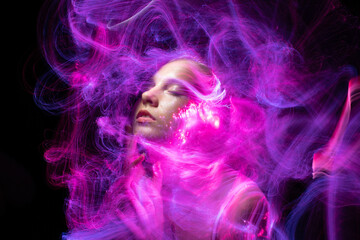 lightpainting portrait, new art direction, long exposure photo without photoshop, light drawing at...