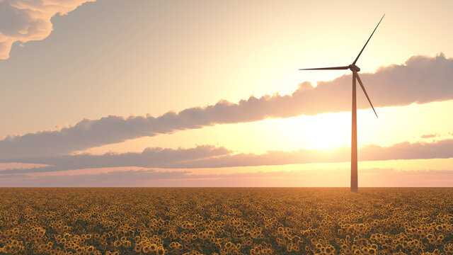 Windkraftanlage in einem Feld mit Sonnenblumen bei Sonnenuntergang