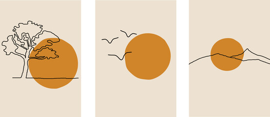 Fototapeta premium Collection of modern minimalistic landscapes: sunset / sunrise over mountains and tree. A simple image of birds. All this on a beige background
