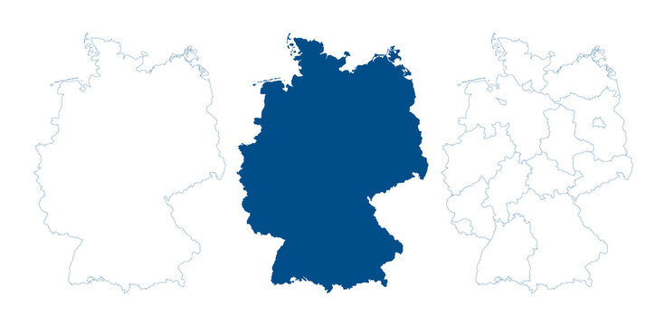 Germany map vector. High detailed vector outline, blue silhouette and administrative divisions map of Germany. All isolated on white background. Template for website, design, cover, infographics