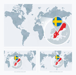 Magnified Sweden over Map of the World, 3 versions of the World Map with flag and map of Sweden.