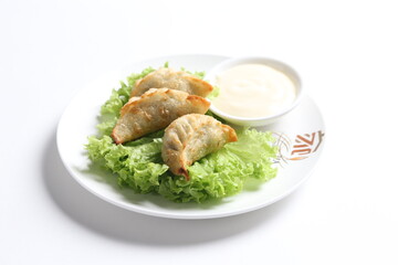 deep fried crispy meat dumpling wanton har gao dim sum menu serve with tartar salad sauce