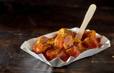 Currywurst with ketchup and eco stick in disposable container