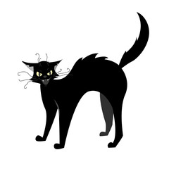 A black cat with an evil look hisses arching its back. Vector element for the design of packaging, postcards, posters for Halloween. Clipart on a white background.