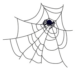 Black web with a spider on a white background. Vector element for the design of packaging, postcards, posters for Halloween. Clipart on a white background.