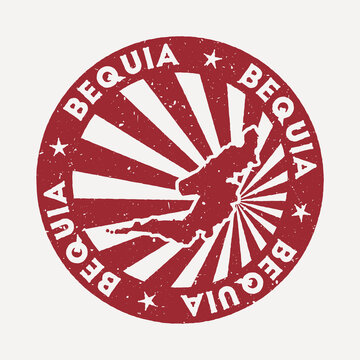 Bequia stamp. Travel red rubber stamp with the map of the island, vector illustration. Can be used as insignia, logotype, label, sticker, or badge of Bequia.