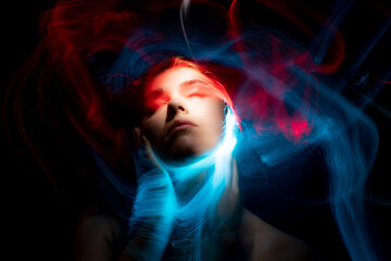 lightpainting portrait, new art direction, long exposure photo without photoshop, light drawing at long exposure	
