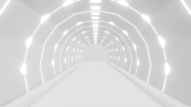 3D animation of blank white abstract background loop. 4k video 3d rendering for backdrop. Future technology tunnel construction in motion graphic. Corridor wall. Interior modern architectural.