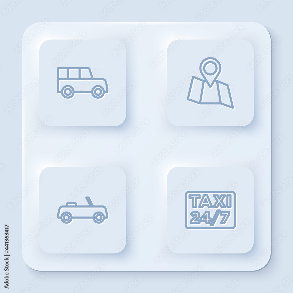 Poster set line car, folded map with location, and location taxi. white square button. vector