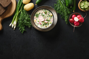 Traditional Russian cold soup Okroshka seasoned kefir or airan with raw vegetables ingredients on a black background. View from above. Copy space.