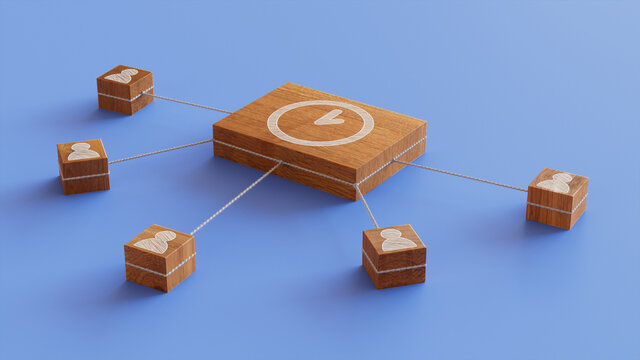 Time Technology Concept with clock Symbol on a Wooden Block. User Network Connections are Represented with White string. Blue background. 3D Render.