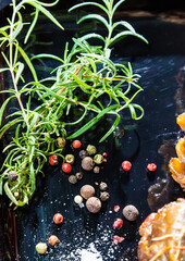 meat dish baked in the oven decorated with spices and rosemary on a dark background