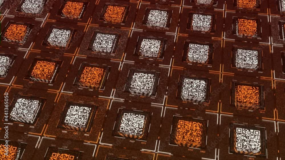 Poster rows of square shaped qr codes with moving electrical impulses on orange background. animation. conc