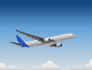 Fototapeta na wymiar Airplane with blue tail flying above the clouds with clear blue sky