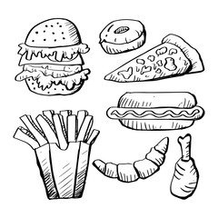 Hand drawing fast food icon set