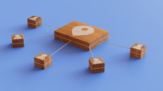 Location Technology Concept with map pin Symbol on a Wooden Block. User Network Connections are Represented with White string. Blue background. 3D Render.