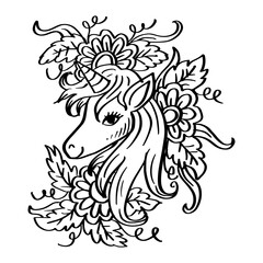 Sketch of head of hand drawn unicorn with floral ornament.