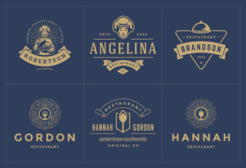 Restaurant logos templates set vector illustration good for menu labels and cafe badges