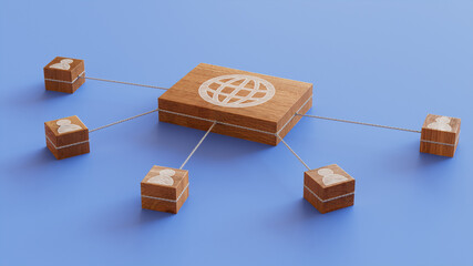 Internet Technology Concept with web Symbol on a Wooden Block. User Network Connections are Represented with White string. Blue background. 3D Render.