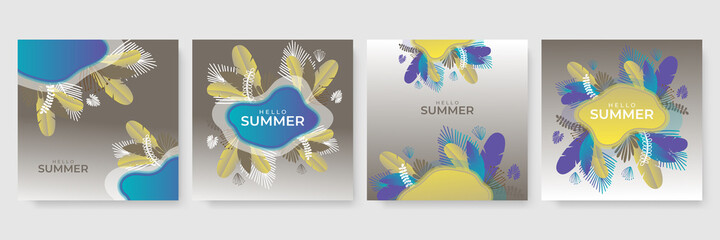 Trendy summer colorful abstract square art templates with floral tree and geometric elements. Suitable for social media posts, mobile apps, banners design and web, internet ads. Fashion backgrounds