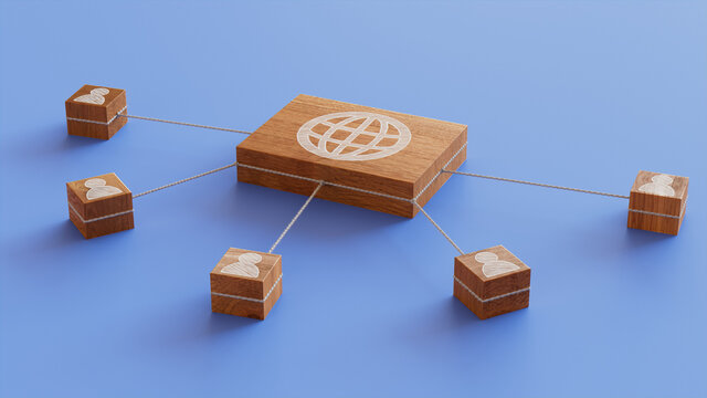 Internet Technology Concept with web Symbol on a Wooden Block. User Network Connections are Represented with White string. Blue background. 3D Render.