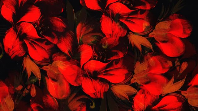 Red flower on black background. Painting and computer collage.