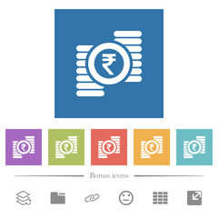 Indian Rupee coins flat white icons in square backgrounds