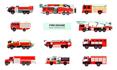 Big Set of Various Type of Red Fire Truck Emergency Vehicle. Modern Flat Style Vector Illustration.