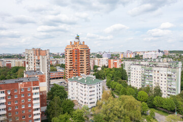 Obraz premium Aerial view on Sykhiv, the largest residential area in Lviv, Ukraine from drone. Chervonoyi Kalyny Avenue