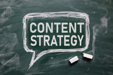 content strategy. text on white paper on chalkboard
