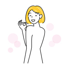 スキンケア 背中のポツポツ（吹き出物・ニキビ）が治り喜んでいる可愛い女性 イラスト シンプル ベクター