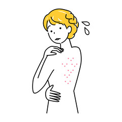 スキンケア 背中にポツポツ（吹き出物・ニキビ）が出来て悲しんでいる可愛い女性 イラスト シンプル ベクター