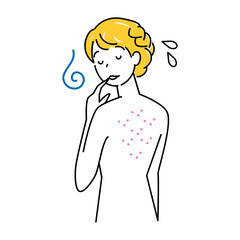 スキンケア 背中にポツポツ（吹き出物・ニキビ）が出来て悲しんでいる可愛い女性 イラスト シンプル ベクター